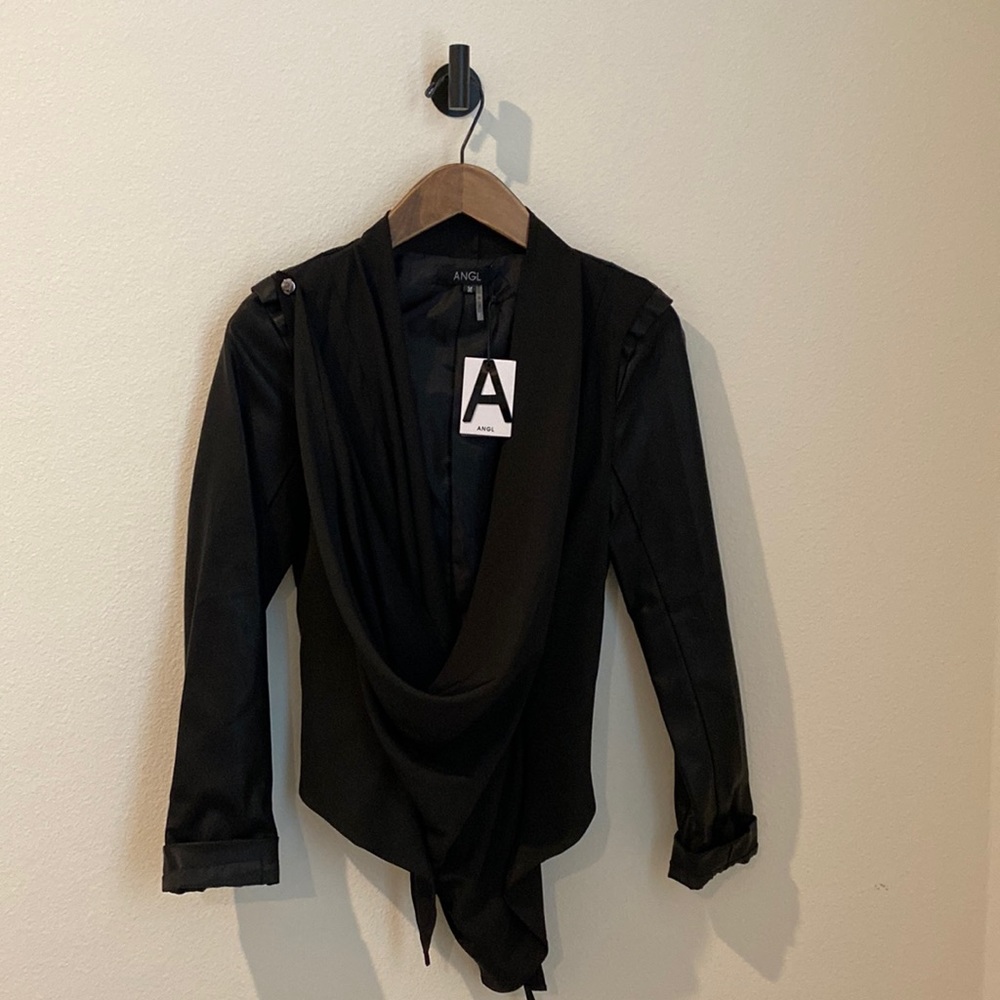 ANGL Faux Leather Jacket with Draping Black Size Medium